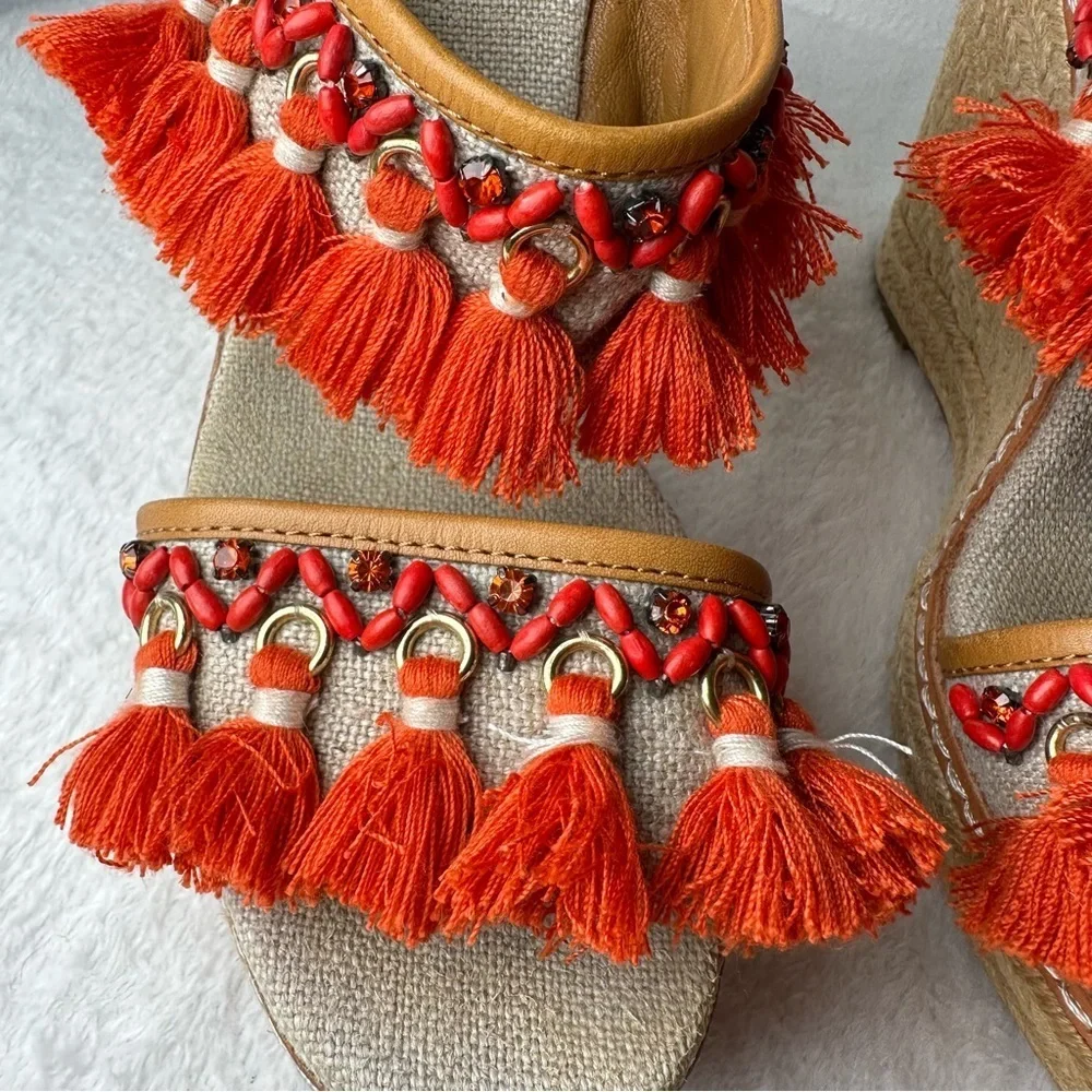 Tory Burch Vibrant Orange and Tan Espadrille Wedges Sandals